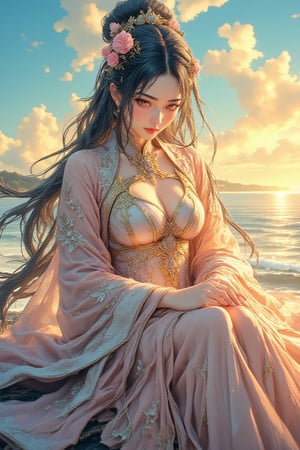 Best quality, masterpiece, ultra high res, (photorealistic:1.5), raw photo, (Masterpiece, Top Quality, Best Quality, Official Art, Beauty and Aesthetics: 1.2), A stunning portrayal of a woman in traditional Chinese dress, seated gracefully by the ocean's edge. The sea breeze lightly caresses her long, raven-black hair, which cascades down her back in soft waves, adorned with delicate floral arrangements and jeweled accessories. Her gown, made from ethereal, flowing fabric with intricate embroidery, glistens under the setting sun’s golden hues. The tranquil waves lap at the shore behind her, while the sky transitions from a vibrant blue to warm amber tones. Her expression is a mix of gentle grace and wistful contemplation, as if she’s one with the serene natural world around her. This artwork beautifully fuses elements of traditional culture with the raw, calming essence of nature, offering a perfect scene of poetic beauty.