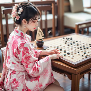 A well-dressed woman stands beside a super car, Best quality, masterpiece, ultra high res, (photorealistic:1.5), raw photo, (Masterpiece, Top Quality, Best Quality, Official Art, Beauty and Aesthetics: 1.2), A serene scene featuring a young woman in a vibrant pink and white floral-patterned kimono, seated at a traditional Go board. The Go board, marked with a precise 19x19 grid, is scattered with white and black Go stones in the midst of a tense match. Her delicate hands are in the process of positioning a smooth white stone, while she holds an ornate fan with kanji symbols in her other hand. A classic tea set rests nearby, hinting at a peaceful tea ceremony, as soft, diffused sunlight filters through the room. The peaceful setting contrasts with the quiet intensity of the ongoing Go game, evoking a sense of strategy and reflection.,Eroflo