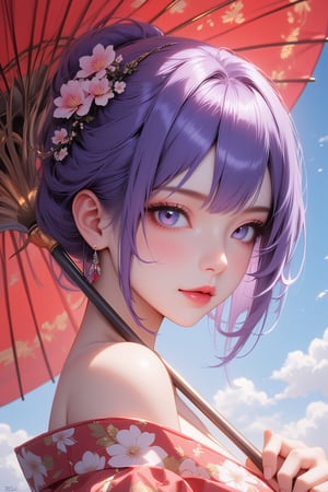 (masterpiece:1.2),best quality, high resolution, unity 8k wallpaper, perfect lighting, extremely detailed CG, fine detail, extremely detailed, soft lighting and shadow, A portrait beautiful girl wearing an off-shoulder kimono. The woman's head is tilted, and her hair is loose on her shoulders. Her eyes are a sharp blue, and her lips are red. Her hair is adorned with a crown of flowers, which adds a touch of beauty to the scene. The background is a blue sky with bokeh effect. she is holding a red paper umbrella with many gold patterns, view from side.,ATRFX,anime,purple hair,云曦Flux-起风了