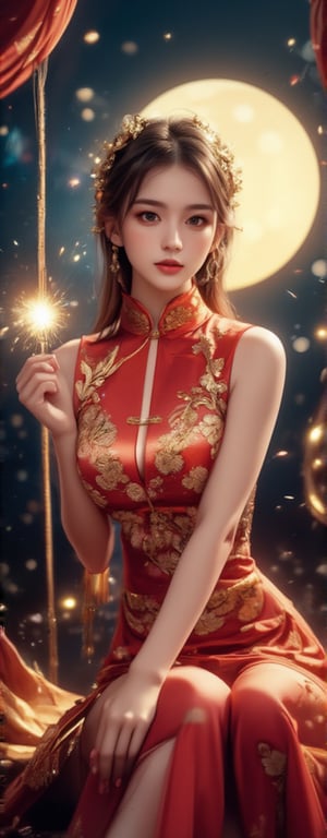 Best quality, masterpiece, ultra high res, (photorealistic:1.5), raw photo, (Masterpiece, Top Quality, Best Quality, Official Art, Beauty and Aesthetics: 1.2), A graceful young woman is adorned in a striking Chinese *qipao*—a short-sleeved, high-slit dress—embroidered with delicate red and gold floral motifs. The high slit elegantly reveals her legs as she sits gracefully at the center of the frame. Her gaze is directed calmly toward the camera, exuding both confidence and serenity. In one hand, she delicately holds a lit sparkler, its golden sparks cascading like stardust. The shot captures her from head to thigh, framed by translucent silk ribbons that float around her in the air. Behind her, a glowing full moon adds a celestial backdrop, while tendrils of golden light and sparkler flames dance around her, imbuing the scene with a mystical, magical aura. The sparkler, combined with the luxurious *qipao*, gives the image a harmonious blend of traditional elegance and playful whimsy.