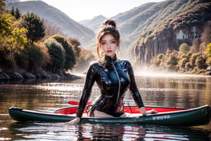 "A 20-year-old South Korean female influencer with a curvaceous figure is a canoeist wearing a tight-fitting wetsuit. She has peeled off the top half of her wetsuit, revealing a sexy bikini underneath.
She is paddling on the calm waters of Sun Moon Lake, with a serene atmosphere.
The water surface is still, with mist rising, accompanied by distant mountain views."