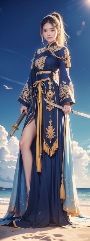 1girl, solo, long hair, looking at viewer, smile, black hair, hair ornament, thighhighs, dress, holding, jewelry, sitting, ponytail, weapon, earrings, outdoors, sky, day, sword, cloud, water, holding weapon, armor, blue sky, beach

The image features a digitally rendered character resembling an East Asian warrior, seated on a beach. The character has long dark hair, a poised expression, and is adorned with traditional armor that includes gold and blue hues with intricate designs. The armor is complemented by a blue robe that drapes elegantly around the figure. In one hand, the character holds a staff, suggesting a status of nobility or combat readiness. The background depicts a bustling beach scene with people in casual attire, indicating a contemporary setting. The presence of a temple-like structure hints at cultural significance.
 (1girl :1.4), (RAW Photo, Best Quality), (Real, Photo Real: 1.1), Best Quality, Masterpiece, Beauty and Aesthetics, 16K, (HDR: 1.2), High Contrast, (Vivid Colors: 1.3) , (soft colors, dull colors, soothing tones: 1.2), cinematic lighting, ambient light, side lighting, fine details and textures, cinematic lenses, warm colors, (bright and intense: 1.1), wide angle lenses, surreal illustrations, Siena's natural proportions, silver hair, dynamic posture, precise anatomy of body and hands, four fingers and a thumb