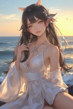 
 anime-style illustration, Best quality, masterpiece, ultra high res, (photorealistic:1.5), raw photo, (Masterpiece, Top Quality, Best Quality, Official Art, Beauty and Aesthetics: 1.2), A stunning portrayal of a woman in traditional Chinese dress, seated gracefully by the ocean's edge. The sea breeze lightly caresses her long, raven-black hair, which cascades down her back in soft waves, adorned with delicate floral arrangements and jeweled accessories. Her gown, made from ethereal, flowing fabric with intricate embroidery, glistens under the setting sun’s golden hues. The tranquil waves lap at the shore behind her, while the sky transitions from a vibrant blue to warm amber tones. Her expression is a mix of gentle grace and wistful contemplation, as if she’s one with the serene natural world around her. This artwork beautifully fuses elements of traditional culture with the raw, calming essence of nature, offering a perfect scene of poetic beauty.,Eroflo,