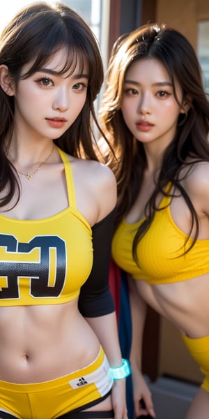 (Masterpiece, Top Quality, Best Quality, Official Art, Beauty and Aesthetics: 1.2), A stunning Korean idol girl poses confidently on a Japanese baseball field, surrounded by energetic cheerleaders and dancers. She wears a yellow outfit with a chest cutout top, showcasing her impressive assets as she gazes directly at the viewer with a bright smile and blushing cheeks. Her brown hair falls in bangs framing her face, while her brown eyes sparkle with a sense of accomplishment. A bracelet adorns her wrist, adding a touch of elegance to her sporty attire, complete with a baseball T-shirt and thigh-highs. The scene is bathed in warm sunlight, casting a photorealistic glow on her sweat-glistened skin and creating a masterpiece of beauty and aesthetics., (realistic:1.0), photorealistic, octane render,(hyperrealistic:0.7) ,Korean,idol,1 girl