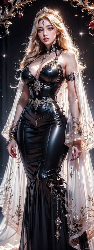 In a breathtaking 8K rendering, a stunning Korean university student stands majestically as a real photo of a fantasy art depicting a gothic queen. She is approximately 25 years old, and the character is shrouded in majestic lighting that highlights her cascading blonde hair and the ornate diamond crown atop her head. A pair of breasts that she is proud of, and in her hands she holds a knife, the shape of which adds a heroic beauty to the image. Her white outfit was adorned with intricate jewelry that highlighted the glory glamor she possesses. The background of this scene is filled with ethereal tendrils of moring fog, swirling against a shiney red background, further enhancing the Gothic aesthetic of the portrait.,Details++