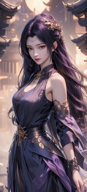 ATRFX, A cinematic frame captures a striking anime scene:  Best quality, masterpiece, ultra high res, raw photo, (Masterpiece, Top Quality, Best Quality, Official Art, Beauty and Aesthetics: 1.2), 1girl, long black hair, Medusa wears a sleeveless, In a vibrant, ultra-realistic depiction, Diao Chan stands confidently in her Three Kingdoms dress-up attire, her bright smile radiating joy as she gazes directly at the viewer. Her striking features are set against a warm, HDR-lit backdrop, emphasizing her porcelain-like complexion and luscious locks. Framed from head to toe, her elegant figure is showcased in stunning detail, inviting the viewer to step into the captivating scene.,Eroflo,meidusha, KOLNB,forehead mark, high contrast, (grayscale:-1.3),云韵Flux-起风了,purple hair