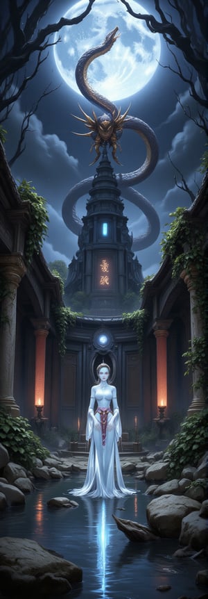 In the ruins of an ancient temple, Nie Xiaoqian, the ghostly beauty from Chinese legend, encounters a Naga, the serpent woman from Hindu mythology. Nie Xiaoqian is dressed in elegant traditional Chinese attire, her translucent form glowing faintly in the moonlight. The Naga, with the upper body of a woman and the lower body of a serpent, is adorned with gold and jeweled ornaments. The ancient ruins are draped in vines and mystical symbols, with the sky above lit by a glowing full moon. The scene is rich in detail, blending Chinese and Indian mythologies within a breathtaking medieval fantasy setting. Enhanced all, Fantasy detailers,Spooky Art Drawing,FANGS