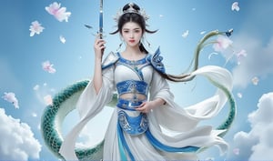 A majestic digital painting of Nüwa, the Chinese goddess with a humanoid upper body and serpentine lower half. She wears a flowing white robe adorned with intricate blue patterns on her chest plate and belt, accentuating her hourglass figure. The armor is designed with traditional Chinese motifs, emphasizing her mythological persona. With one hand grasping a mystical sword and the other raised, she appears to harness divine energy. Her expression is stern, yet her gaze intensely focuses on the viewer. Her skin glows with a subtle warm undertone, while her dark brown hair and radiant green eyes add an aura of divinity. The snake tail, 1.5 meters long, begins at her waist, featuring shimmering scales in shades of green and blue, creating a mesmerizing rainbow effect. As the composition unfolds, the entire lower half transforms into a serpentine shape, transitioning from white to pale blue, emphasizing the scaly texture and adding a sensual quality. In the background, bright clouds and airy patterns emphasize her divine nature, making her stand out in dramatic fashion. Enhanced all, resin