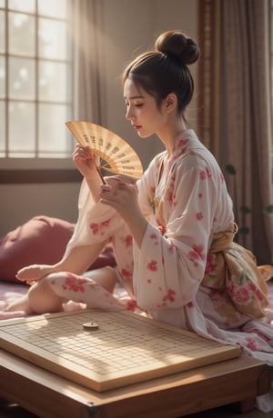 In a tranquil room, a woman in an intricately designed kimono with pink and white blossoms sits poised before a Go board. Her hands move with gentle precision, balancing between placing a Go stone and holding a fan that displays kanji, evoking a sense of cultural tradition. A tea set accompanies the scene, representing ritualistic harmony. The soft morning light enhances the peacefulness of the moment, emphasizing the timeless beauty of Japanese customs and games. Best quality, masterpiece, ultra high res, (photorealistic:1.5), raw photo, (Masterpiece, Top Quality, Best Quality, Official Art, Beauty and Aesthetics: 1.2), 