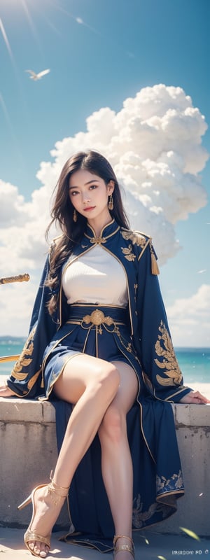 1girl, solo, long hair, looking at viewer, smile, black hair, hair ornament, thighhighs, dress, holding, jewelry, sitting, ponytail, weapon, earrings, outdoors, sky, day, sword, cloud, water, holding weapon, armor, blue sky, beach

The image features a digitally rendered character resembling an East Asian warrior, seated on a beach. The character has long dark hair, a poised expression, and is adorned with traditional armor that includes gold and blue hues with intricate designs. The armor is complemented by a blue robe that drapes elegantly around the figure. In one hand, the character holds a staff, suggesting a status of nobility or combat readiness. The background depicts a bustling beach scene with people in casual attire, indicating a contemporary setting. The presence of a temple-like structure hints at cultural significance.
 (1girl :1.4), (RAW Photo, Best Quality), (Real, Photo Real: 1.1), Best Quality, Masterpiece, Beauty and Aesthetics, 16K, (HDR: 1.2), High Contrast, (Vivid Colors: 1.3) , (soft colors, dull colors, soothing tones: 1.2), cinematic lighting, ambient light, side lighting, fine details and textures, cinematic lenses, warm colors, (bright and intense: 1.1), wide angle lenses, surreal illustrations, Siena's natural proportions, silver hair, dynamic posture, precise anatomy of body and hands, four fingers and a thumb