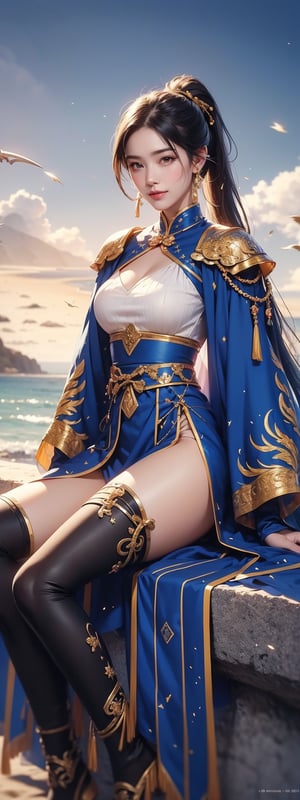 1girl, solo, long hair, looking at viewer, smile, black hair, hair ornament, thighhighs, dress, holding, jewelry, sitting, ponytail, weapon, earrings, outdoors, sky, day, sword, cloud, water, holding weapon, armor, blue sky, beach,

The image features a digitally rendered character resembling an East Asian warrior, seated on a beach. The character has long dark hair, a poised expression, and is adorned with traditional armor that includes gold and blue hues with intricate designs. The armor is complemented by a blue robe that drapes elegantly around the figure. In one hand, the character holds a staff, suggesting a status of nobility or combat readiness. The background depicts a bustling beach scene with people in casual attire, indicating a contemporary setting.

 (1girl :1.4), (RAW Photo, Best Quality), (Real, Photo Real: 1.1), Best Quality, Masterpiece, Beauty and Aesthetics, 16K, (HDR: 1.2), High Contrast, (Vivid Colors: 1.3) , (soft colors, dull colors, soothing tones: 1.2), cinematic lighting, ambient light, side lighting, fine details and textures, cinematic lenses, warm colors, (bright and intense: 1.1), wide angle lenses, surreal illustrations, Siena's natural proportions, silver hair, dynamic posture, precise anatomy of body and hands, four fingers and a thumb