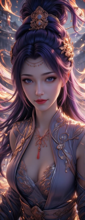 Best quality, masterpiece, ultra high res, (photorealistic:1.5), raw photo, (Masterpiece, Top Quality, Best Quality, Official Art, Beauty and Aesthetics: 1.2), 1girl, long black hair, Medusa wears a sleeveless, In a vibrant, ultra-realistic depiction, Diao Chan stands confidently in her Three Kingdoms dress-up attire, her bright smile radiating joy as she gazes directly at the viewer. Her striking features are set against a warm, HDR-lit backdrop, emphasizing her porcelain-like complexion and luscious locks. Framed from head to toe, her elegant figure is showcased in stunning detail, inviting the viewer to step into the captivating scene.,Eroflo,meidusha, KOLNB,forehead mark, high contrast, (grayscale:-1.5),云韵Flux-起风了,purple hair