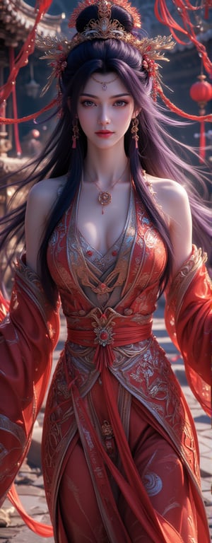 Best quality, masterpiece, ultra high res, (photorealistic:1.5), raw photo, (Masterpiece, Top Quality, Best Quality, Official Art, Beauty and Aesthetics: 1.2), 1girl, long black hair, Medusa wears a sleeveless, In a vibrant, ultra-realistic depiction, Diao Chan stands confidently in her Three Kingdoms dress-up attire, her bright smile radiating joy as she gazes directly at the viewer. Her striking features are set against a warm, HDR-lit backdrop, emphasizing her porcelain-like complexion and luscious locks. Framed from head to toe, her elegant figure is showcased in stunning detail, inviting the viewer to step into the captivating scene.,Eroflo,meidusha, KOLNB,forehead mark, high contrast, (grayscale:-1.5),云韵Flux-起风了,purple hair