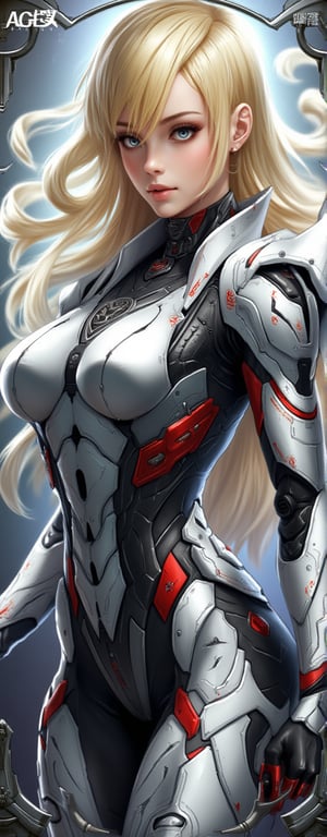 Best quality, masterpiece, ultra high res, (photorealistic:1.4), raw photo, (Masterpiece, Top Quality, Best Quality, Official Art, Beauty and Aesthetics: 1.2), Clad in a high-tech armored suit, a blonde-haired maiden readies herself for an imminent battle. Her advanced exosuit, designed for both offense and defense, features sleek white plates with red accents and mechanical enhancements that boost her physical abilities. A massive cannon rests on her right arm, while her left hand grips a blade designed for close combat. With a composed expression, she stands in a pose of controlled power, embodying the perfect mix of grace and strength.