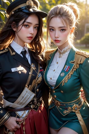 Midday sunlight casts a warm glow on the subject as she poses in a lush green meadow, a stunning Korean university student stands majestically as the Guard of Honour. Her blonde hair is neatly tied back, and she wears thigh-high boots that accentuate her perfect long feet. The uniform shirt features a band design, while her skirt folds neatly under her mini folding skirt. In one hand, she holds an instrument, and in the other, a flag flows gently in the breeze. Under the soft glow of perfect light, her beauty shines radiantly. The guard's hat sits atop her head, and the sword at her side gleams with photorealistic precision, as if crafted by Octane render itself. Her photorealistic features are so lifelike that one might mistake her for a living, breathing idol.