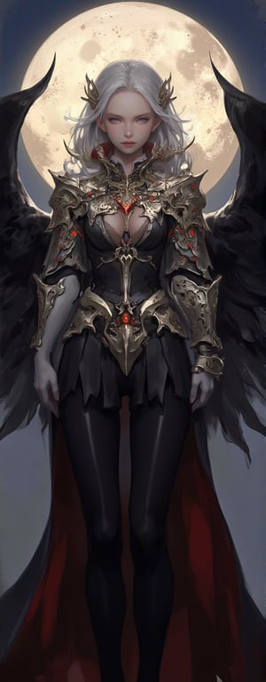 
 anime-style illustration, An ethereal warrior goddess stands tall beneath a radiant, glowing moon, her form adorned with intricate black and gold armor that hugs her silhouette. The armor is embellished with gemstones that shimmer like captured starlight, and vivid red accents that emphasize her commanding presence. Large, elegant black wings stretch out from her back, adding a divine aura to her appearance. Her serene expression contrasts with the strength exuded by her celestial armor, as she gazes calmly toward the horizon, bathed in the mystical glow of the moonlight. Her long, flowing hair catches the light, while her white gloves and ornate accessories showcase her regal yet fierce nature.