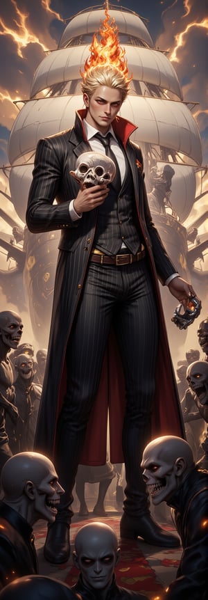 Full-body portrait of Mr. 3 from One Piece, wearing his classic striped suit and black tie, with hair shaped into a flaming number 3. Halloween-themed design, combining spooky zombie elements. The scene is set aboard the Thousand Sunny, with the large triple-sailed ship in the background. The scene mixes realistic textures with animation style, creating a surreal and captivating atmosphere. Mr. 3 stands among zombies, holding a wax sculpture of a skull, blending spooky and adventurous vibes. Enhanced all, Fantasy detailers,Spooky  Art Drawing,FANGS