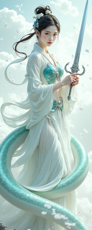 A majestic digital painting of Nüwa, the Chinese goddess with a humanoid upper body and serpentine lower half. She wears a flowing white robe adorned with intricate blue patterns on her chest plate and belt, accentuating her hourglass figure. The armor is designed with traditional Chinese motifs, emphasizing her mythological persona. With one hand grasping a mystical sword and the other raised, she appears to harness divine energy. Her expression is stern, yet her gaze intensely focuses on the viewer. Her skin glows with a subtle warm undertone, while her dark brown hair and radiant green eyes add an aura of divinity. The snake tail, 1.5 meters long, begins at her waist, featuring shimmering scales in shades of green and blue, creating a mesmerizing rainbow effect. As the composition unfolds, the entire lower half transforms into a serpentine shape, transitioning from white to pale blue, emphasizing the scaly texture and adding a sensual quality. In the background, bright clouds and airy patterns emphasize her divine nature, making her stand out in dramatic fashion. Enhanced all, resin