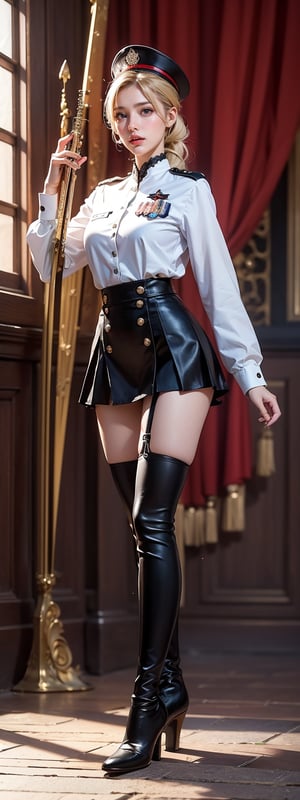 Against a rich, crimson backdrop, a stunning Korean university student stands majestically as the Guard of Honour. Her blonde hair is neatly tied back, and she wears thigh-high boots that accentuate her perfect long feet. The uniform shirt features a band design, while her skirt folds neatly under her mini folding skirt. In one hand, she holds an instrument, and in the other, a flag flows gently in the breeze. Under the soft glow of perfect light, her beauty shines radiantly. The guard's hat sits atop her head, and the sword at her side gleams with photorealistic precision, as if crafted by Octane render itself. Her photorealistic features are so lifelike that one might mistake her for a living, breathing idol.