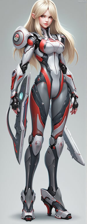 Best quality, masterpiece, ultra high res, (photorealistic:1.4), raw photo, (Masterpiece, Top Quality, Best Quality, Official Art, Beauty and Aesthetics: 1.2), A battle-hardened girl in a high-tech, sleek exosuit stands ready for action. Her blonde hair flows freely behind her, contrasting against the sharp design of her armor. In her right hand, she holds a powerful energy cannon, while her left wields a high-tech sword. Her exosuit, predominantly white with crimson and black detailing, showcases intricate mechanical joints that emphasize her enhanced strength and agility. Her stance exudes confidence, reflecting her readiness to engage in a futuristic battle. Eroflo,FuturEvoLabMecha