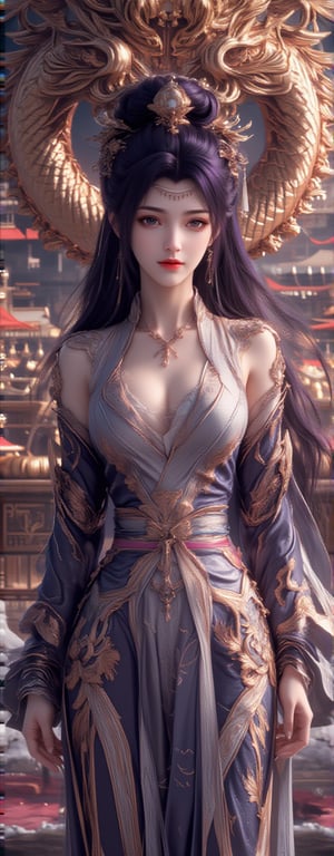 Best quality, masterpiece, ultra high res, (photorealistic:1.5), raw photo, (Masterpiece, Top Quality, Best Quality, Official Art, Beauty and Aesthetics: 1.2), 1girl, long black hair, Medusa wears a sleeveless, In a vibrant, ultra-realistic depiction, Diao Chan stands confidently in her Three Kingdoms dress-up attire, her bright smile radiating joy as she gazes directly at the viewer. Her striking features are set against a warm, HDR-lit backdrop, emphasizing her porcelain-like complexion and luscious locks. Framed from head to toe, her elegant figure is showcased in stunning detail, inviting the viewer to step into the captivating scene.,Eroflo,meidusha, KOLNB,forehead mark, high contrast, (grayscale:-1.5),云韵Flux-起风了,purple hair