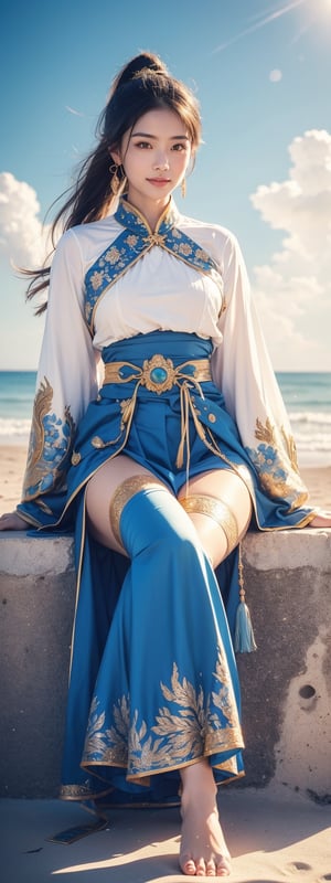 1girl, solo, long hair, looking at viewer, smile, black hair, hair ornament, thighhighs, dress, holding, jewelry, sitting, ponytail, weapon, earrings, outdoors, sky, day, sword, cloud, water, holding weapon, armor, blue sky, beach

The image features a digitally rendered character resembling an East Asian warrior, seated on a beach. The character has long dark hair, a poised expression, and is adorned with traditional armor that includes gold and blue hues with intricate designs. The armor is complemented by a blue robe that drapes elegantly around the figure. In one hand, the character holds a staff, suggesting a status of nobility or combat readiness. The background depicts a bustling beach scene with people in casual attire, indicating a contemporary setting. The presence of a temple-like structure hints at cultural significance.
 (1girl :1.4), (RAW Photo, Best Quality), (Real, Photo Real: 1.1), Best Quality, Masterpiece, Beauty and Aesthetics, 16K, (HDR: 1.2), High Contrast, (Vivid Colors: 1.3) , (soft colors, dull colors, soothing tones: 1.2), cinematic lighting, ambient light, side lighting, fine details and textures, cinematic lenses, warm colors, (bright and intense: 1.1), wide angle lenses, surreal illustrations, Siena's natural proportions, silver hair, dynamic posture, precise anatomy of body and hands, four fingers and a thumb