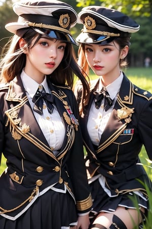 Midday sunlight casts a warm glow on the subject as she poses in a lush green meadow, a stunning Korean university student stands majestically as the Guard of Honour. Her blonde hair is neatly tied back, and she wears thigh-high boots that accentuate her perfect long feet. The uniform shirt features a band design, while her skirt folds neatly under her mini folding skirt. In one hand, she holds an instrument, and in the other, a flag flows gently in the breeze. Under the soft glow of perfect light, her beauty shines radiantly. The guard's hat sits atop her head, and the sword at her side gleams with photorealistic precision, as if crafted by Octane render itself. Her photorealistic features are so lifelike that one might mistake her for a living, breathing idol.