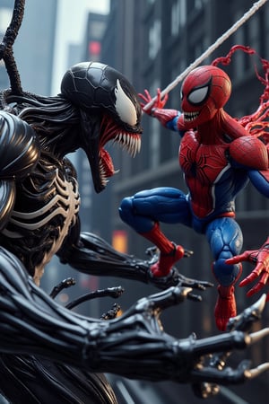 A high-detail, realistic close-up of an intricately designed action figure battle between Venom and Spider-Man. Venom’s dark, muscular body has a glossy, menacing texture, veins pulsing across his skin, while Spider-Man, in his red and blue suit, leaps into action with a determined expression. The scene is intense, with Venom’s claws reaching out as Spider-Man maneuvers mid-air, webbing aimed at Venom. The background is blurred to highlight the realism of their poses, making the dynamic fight appear life-like.,VENOM,Reality,HALLOWEEN,HALLOWEEN 2024