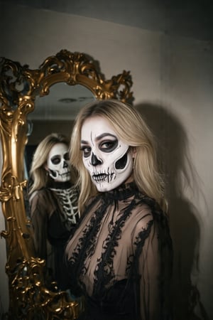 Halloween theme, Halloween makeup, Portrait of a 20-year-old blonde Caucasian woman, wearing elaborate skull-themed Halloween makeup on her pale face. The makeup combines realistic beauty and horror elements. She stands close to a mirror, her reflection showing her terrifying yet beautiful look, with a focus on the intense detail in her skull-like makeup. Dark shadows and a dimly lit room add to the chilling Halloween vibe. this an award-winning shot worthy of the best photography awards. Movie special effects style. masterpiece quality.,hubgwomen