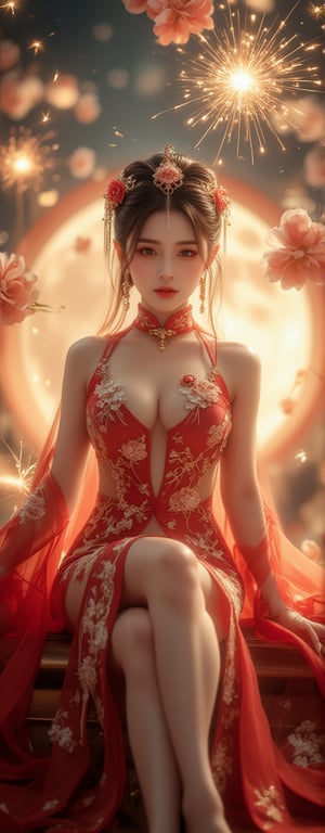 Best quality, masterpiece, ultra high res, (photorealistic:1.5), raw photo, (Masterpiece, Top Quality, Best Quality, Official Art, Beauty and Aesthetics: 1.2), A graceful young woman is adorned in a striking Chinese *qipao*—a short-sleeved, high-slit dress—embroidered with delicate red and gold floral motifs. The high slit elegantly reveals her legs as she sits gracefully at the center of the frame. Her gaze is directed calmly toward the camera, exuding both confidence and serenity. In one hand, she delicately holds a lit sparkler, its golden sparks cascading like stardust. The shot captures her from head to thigh, framed by translucent silk ribbons that float around her in the air. Behind her, a glowing full moon adds a celestial backdrop, while tendrils of golden light and sparkler flames dance around her, imbuing the scene with a mystical, magical aura. The sparkler, combined with the luxurious *qipao*, gives the image a harmonious blend of traditional elegance and playful whimsy.