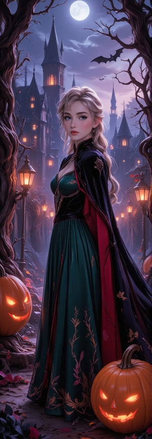 Princess Anna from Frozen, dressed in her classic attire, now transformed with a vampire Halloween theme. Her green skirt is now deep crimson, patterned with dark thorny vines and subtle bat motifs. She wears a black velvet cloak with deep red lining, decorated with golden embroidery resembling gothic candelabras and vampire symbols. Her brooch is shaped like a vampire fang, glowing softly with a red hue. The scene is set on a foggy Halloween night during a vampire ball at the castle, bathed in crimson and purple lights. Anna stands near a forest of twisted, gnarled trees lined with flickering crimson lanterns, as black bats fly overhead. Olaf is dressed as a vampire jack-o’-lantern, his carved face illuminated from within, with sharp fangs and a red velvet cape. Small vampire pumpkin spirits with mischievous glowing red eyes float around the castle. The full moon enhances the eerie and gothic atmosphere, casting long shadows on the scene. Enhanced all, Fantasy detailers,Spooky  Art Drawing