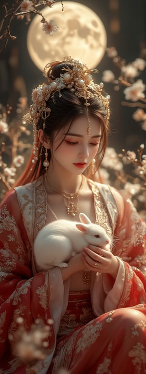 Best quality, masterpiece, ultra high res, (photorealistic:1.5), raw photo, (Masterpiece, Top Quality, Best Quality, Official Art, Beauty and Aesthetics: 1.2), A graceful young woman dressed in an ornate Chinese royal gown, rich with intricate red and gold embroidery, gently cradles a pure white rabbit in her lap. Her delicate features are framed by an exquisite headdress of pearls and golden ornaments, while her serene expression reflects the soft glow of the full moon shining behind her. Golden light tendrils swirl around, adding a mystical atmosphere to the scene, as if she is a celestial being descended from the heavens. The rabbit, nestled comfortably in her hands, exudes a sense of purity and calm, perfectly complementing the woman’s elegance and the enchanting ambiance of the night, high contrast, (grayscale:-1.5),