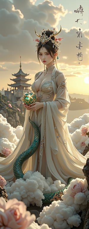 Best quality, masterpiece, ultra high res, (photorealistic:1.5), raw photo, (Masterpiece, Top Quality, Best Quality, Official Art, Beauty and Aesthetics: 1.2), A majestic depiction of Nüwa, the ancient Chinese goddess with a human head and a snake's body. Her upper body features elegant, flowing robes adorned with intricate golden embroidery, and (her snake tail begins gracefully from her waist:1.5), shimmering with iridescent scales in shades of emerald and sapphire. She is surrounded by a celestial landscape of swirling clouds, glowing with a soft golden light, holding a glowing orb that symbolizes life and creation. In the background, ancient temples rise above a misty horizon, symbolizing her divine connection to the heavens,forehead mark, high contrast, (grayscale:-1.5)