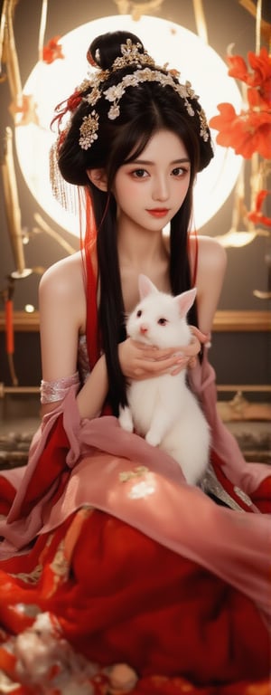 Best quality, masterpiece, ultra high res, (photorealistic:1.5), raw photo, (Masterpiece, Top Quality, Best Quality, Official Art, Beauty and Aesthetics: 1.2), A graceful young woman wearing a traditional Chinese *dudou*, richly embroidered in red and gold with delicate floral patterns, sits gracefully at the center of the frame. She gazes directly into the camera with a calm, almost divine expression, holding a pure white rabbit gently in her hands. The *dudou*'s shimmering fabric accentuates her elegance, while translucent silk ribbons float weightlessly around her, adding a touch of softness and grace. The shot captures her from head to thigh, framed by the soft glow of a full moon behind her. Golden tendrils of light dance around her, amplifying the sense of her celestial, goddess-like aura. The floating silk and the peaceful rabbit she holds give the scene a mystical, ethereal feel.