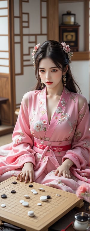 A well-dressed woman stands beside a super car, Best quality, masterpiece, ultra high res, (photorealistic:1.5), raw photo, (Masterpiece, Top Quality, Best Quality, Official Art, Beauty and Aesthetics: 1.2), A serene scene featuring a young woman in a vibrant pink and white floral-patterned kimono, seated at a traditional Go board. The Go board, marked with a precise 19x19 grid, is scattered with white and black Go stones in the midst of a tense match. Her delicate hands are in the process of positioning a smooth white stone, while she holds an ornate fan with kanji symbols in her other hand. A classic tea set rests nearby, hinting at a peaceful tea ceremony, as soft, diffused sunlight filters through the room. The peaceful setting contrasts with the quiet intensity of the ongoing Go game, evoking a sense of strategy and reflection.,Eroflo