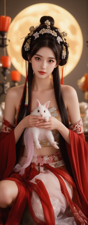 Best quality, masterpiece, ultra high res, (photorealistic:1.5), raw photo, (Masterpiece, Top Quality, Best Quality, Official Art, Beauty and Aesthetics: 1.2), A graceful young woman wearing a traditional Chinese *dudou*, richly embroidered in red and gold with delicate floral patterns, sits gracefully at the center of the frame. She gazes directly into the camera with a calm, almost divine expression, holding a pure white rabbit gently in her hands. The *dudou*'s shimmering fabric accentuates her elegance, while translucent silk ribbons float weightlessly around her, adding a touch of softness and grace. The shot captures her from head to thigh, framed by the soft glow of a full moon behind her. Golden tendrils of light dance around her, amplifying the sense of her celestial, goddess-like aura. The floating silk and the peaceful rabbit she holds give the scene a mystical, ethereal feel.