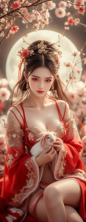 Best quality, masterpiece, ultra high res, (photorealistic:1.5), raw photo, (Masterpiece, Top Quality, Best Quality, Official Art, Beauty and Aesthetics: 1.2), A graceful young woman wearing a traditional Chinese *dudou*, richly embroidered in red and gold with delicate floral patterns, sits gracefully at the center of the frame. She gazes directly into the camera with a calm, almost divine expression, holding a pure white rabbit gently in her hands. The *dudou*'s shimmering fabric accentuates her elegance, while translucent silk ribbons float weightlessly around her, adding a touch of softness and grace. The shot captures her from head to thigh, framed by the soft glow of a full moon behind her. Golden tendrils of light dance around her, amplifying the sense of her celestial, goddess-like aura. The floating silk and the peaceful rabbit she holds give the scene a mystical, ethereal feel.