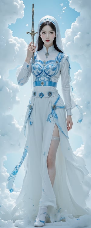 A fantastical digital painting of a saintly nun, reminiscent of a living porcelain doll. She stands elegantly in her flowing white habit, adorned with intricate blue patterns on her chest plate and belt, accentuating her hourglass figure. One hand grips a slender sword, while the other raises it, as if channeling divine energy; her expression is stern, eyes fixed intently on the viewer. Her porcelain-doll-like complexion is highlighted by dark brown hair and luminescent green eyes, adding to her holy aura. The long habit wraps around her, revealing her abdominal curves and emphasizing the complex designs and patterns, reflecting the theme of a sacred nun. The chest plate features a cross-shaped pendant, enhancing her nunlike appearance. Her lower half is draped in a delicate mesh fabric that transitions from white to pale blue, adding sensuality to the pattern. She wields a slender sword, set against a bright backdrop featuring white clouds and ethereal textures, highlighting her warrior-like pose and making her stand out dramatically. The overall composition is theatrical. Enhanced all,resin