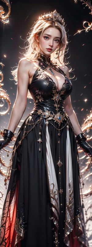 In a breathtaking 8K rendering, a stunning Korean university student stands majestically as a real photo of a fantasy art depicting a gothic queen. She is approximately 25 years old, and the character is shrouded in majestic lighting that highlights her cascading blonde hair and the ornate diamond crown atop her head. A pair of breasts that she is proud of, and in her hands she holds a knife, the shape of which adds a heroic beauty to the image. Her white outfit was adorned with intricate jewelry that highlighted the glory glamor she possesses. The background of this scene is filled with ethereal tendrils of moring fog, swirling against a shiney red background, further enhancing the Gothic aesthetic of the portrait.,Details++,SF2 CHUN 