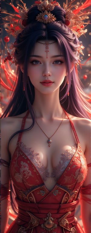 Best quality, masterpiece, ultra high res, (photorealistic:1.5), raw photo, (Masterpiece, Top Quality, Best Quality, Official Art, Beauty and Aesthetics: 1.2), 1girl, long black hair, Medusa wears a sleeveless, In a vibrant, ultra-realistic depiction, Diao Chan stands confidently in her Three Kingdoms dress-up attire, her bright smile radiating joy as she gazes directly at the viewer. Her striking features are set against a warm, HDR-lit backdrop, emphasizing her porcelain-like complexion and luscious locks. Framed from head to toe, her elegant figure is showcased in stunning detail, inviting the viewer to step into the captivating scene.,Eroflo,meidusha, KOLNB,forehead mark, high contrast, (grayscale:-1.5),云韵Flux-起风了,purple hair