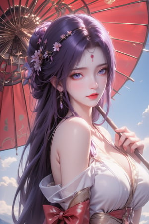 (masterpiece:1.2),best quality, high resolution, unity 8k wallpaper, perfect lighting, extremely detailed CG, fine detail, extremely detailed, soft lighting and shadow, A portrait beautiful girl wearing an off-shoulder kimono. The woman's head is tilted, and her hair is loose on her shoulders. Her eyes are a sharp blue, and her lips are red. Her hair is adorned with a crown of flowers, which adds a touch of beauty to the scene. The background is a blue sky with bokeh effect. she is holding a red paper umbrella with many gold patterns, view from side.,ATRFX,anime,purple hair,云曦Flux-起风了