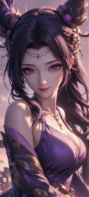 ATRFX, A cinematic frame captures a striking anime scene:  Best quality, masterpiece, ultra high res, raw photo, (Masterpiece, Top Quality, Best Quality, Official Art, Beauty and Aesthetics: 1.2), 1girl, long black hair, Medusa wears a sleeveless, In a vibrant, ultra-realistic depiction, Diao Chan stands confidently in her Three Kingdoms dress-up attire, her bright smile radiating joy as she gazes directly at the viewer. Her striking features are set against a warm, HDR-lit backdrop, emphasizing her porcelain-like complexion and luscious locks. Framed from head to toe, her elegant figure is showcased in stunning detail, inviting the viewer to step into the captivating scene.,Eroflo,meidusha, KOLNB,forehead mark, high contrast, (grayscale:-1.3),云韵Flux-起风了,purple hair