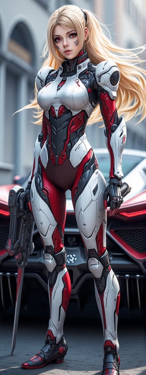 A well-dressed woman stands beside a super car, Best quality, masterpiece, ultra high res, (photorealistic:1.5), raw photo, (Masterpiece, Top Quality, Best Quality, Official Art, Beauty and Aesthetics: 1.2), A battle-hardened girl in a high-tech, sleek exosuit stands ready for action. Her blonde hair flows freely behind her, contrasting against the sharp design of her armor. In her right hand, she holds a powerful energy cannon, while her left wields a high-tech sword. Her exosuit, predominantly white with crimson and black detailing, showcases intricate mechanical joints that emphasize her enhanced strength and agility. Her stance exudes confidence, reflecting her readiness to engage in a futuristic battle.,Eroflo