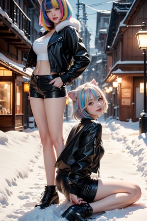 This Japanese women is a stunning representation of a princess, huge breasts, inspired by the Shishiro Botan. (((blue Leather jacket, Leather shorts, Inseam Delta, red ankle-length hair, cat ears. In a heavy snow street, Many colorful flying lamps, snow flakes))). She has a beautiful legs and smile on her face. Her hair is longer than before. colorful clothes, accessories, ((ccbotan, short hair, multicolored hair, streaked hair, animal ears, hairclip, hair over one eye)),(realistic:1.0), photorealistic, octane render,(hyperrealistic:0.7) ,Korean,idol,1 girl,beauty,girl,aabotan, (Masterpiece, Top Quality, Best Quality, Official Art, Beauty and Aesthetics: 1.2), HDR, high contrast, wide shot,Pirate, long hair,Botan