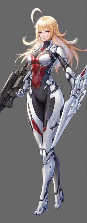 Best quality, masterpiece, ultra high res, (photorealistic:1.4), raw photo, (Masterpiece, Top Quality, Best Quality, Official Art, Beauty and Aesthetics: 1.2), A battle-hardened girl in a high-tech, sleek exosuit stands ready for action. Her blonde hair flows freely behind her, contrasting against the sharp design of her armor. In her right hand, she holds a powerful energy cannon, while her left wields a high-tech sword. Her exosuit, predominantly white with crimson and black detailing, showcases intricate mechanical joints that emphasize her enhanced strength and agility. Her stance exudes confidence, reflecting her readiness to engage in a futuristic battle. Eroflo,FuturEvoLabMecha