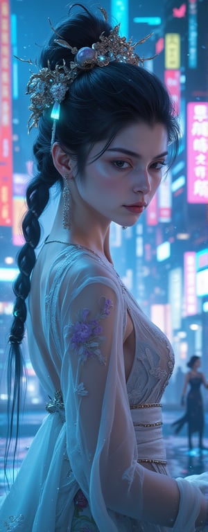 Best quality, masterpiece, ultra high res, (photorealistic:1.5), raw photo, (Masterpiece, Top Quality, Best Quality, Official Art, Beauty and Aesthetics: 1.2), A stunning woman in an ethereal, cyberpunk city, wearing an ancient Chinese-inspired gown made from transparent silk that flows like water. Her hair is styled intricately with jade pins and hanging tassels, with holographic ornaments subtly glowing. Her makeup includes shimmering silver eyeshadow and a glowing blush that gives her a futuristic, yet classical, appearance. The scene around her is filled with neon lights and futuristic skyscrapers, with holographic displays and flying vehicles. She is illuminated by the vibrant colors of the neon signs and floating digital symbols, blending the aesthetics of ancient China and high-tech futurism.,Eroflo,Wukong,FuturEvoLabScene