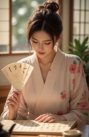 Best quality, masterpiece, ultra high res, (photorealistic:1.5), raw photo, (Masterpiece, Top Quality, Best Quality, Official Art, Beauty and Aesthetics: 1.2), A woman in a soft, flowing kimono adorned with pastel floral motifs carefully contemplates her next move in (a game of Go:1.5). With a graceful posture, she holds a hand fan, its delicate kanji symbols reflecting her refined taste. Her other hand hovers above the Go board as she places a stone with quiet focus. Beside her, a traditional tea set subtly enhances the elegance of the scene, while sunlight bathes her in a warm, ethereal glow, creating an intimate and culturally rich moment.