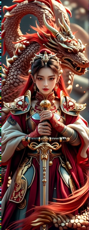 Best quality, masterpiece, ultra high res, (photorealistic:1.5), raw photo, (Masterpiece, Top Quality, Best Quality, Official Art, Beauty and Aesthetics: 1.2), A stunning Korean female warrior in Crusader armor stands resolutely, her hands wrapped around the handle of a huge two-handed sword thrust into the ground. By her side is a majestic red dragon, its scales gleaming under the sunlight. Her fiery red hair flows over her armor, casting a warm glow, while behind them, luxurious European architecture portrays a scene of nobility and elegance.