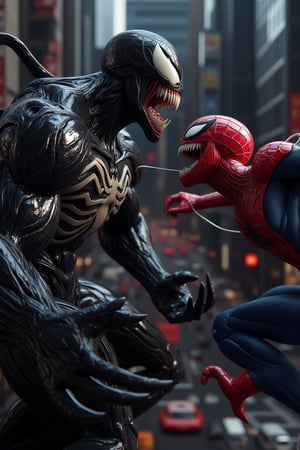 A high-detail, realistic close-up of an intricately designed action figure battle between Venom and Spider-Man. Venom’s dark, muscular body has a glossy, menacing texture, veins pulsing across his skin, while Spider-Man, in his red and blue suit, leaps into action with a determined expression. The scene is intense, with Venom’s claws reaching out as Spider-Man maneuvers mid-air, webbing aimed at Venom. The background is blurred to highlight the realism of their poses, making the dynamic fight appear life-like.,VENOM,Reality,HALLOWEEN,HALLOWEEN 2024,Woodcarving