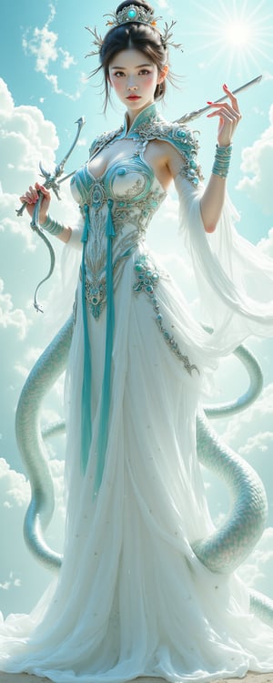 A majestic digital painting of Nüwa, the Chinese goddess with a humanoid upper body and serpentine lower half. She wears a flowing white robe adorned with intricate blue patterns on her chest plate and belt, accentuating her hourglass figure. The armor is designed with traditional Chinese motifs, emphasizing her mythological persona. With one hand grasping a mystical sword and the other raised, she appears to harness divine energy. Her expression is stern, yet her gaze intensely focuses on the viewer. Her skin glows with a subtle warm undertone, while her dark brown hair and radiant green eyes add an aura of divinity. The snake tail, 1.5 meters long, begins at her waist, featuring shimmering scales in shades of green and blue, creating a mesmerizing rainbow effect. As the composition unfolds, the entire lower half transforms into a serpentine shape, transitioning from white to pale blue, emphasizing the scaly texture and adding a sensual quality. In the background, bright clouds and airy patterns emphasize her divine nature, making her stand out in dramatic fashion. Enhanced all, resin